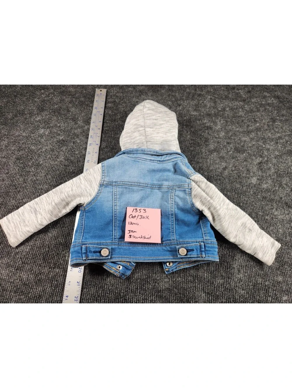 Cat & Jack Hooded Denim Jacket Colorblock Button Cat Face Blue Gray 9-12M